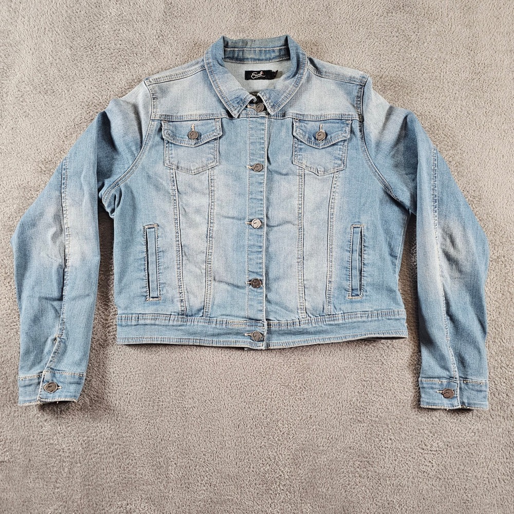 Earl Jean Womens Light Wash Stretch Denim Trucker Jacket Blue XL